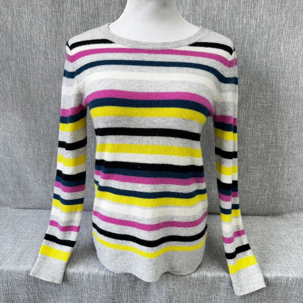 Halogen 100% Cashmere Striped Crewneck Knit Pullover Sweater XS PTP 18 Stretch